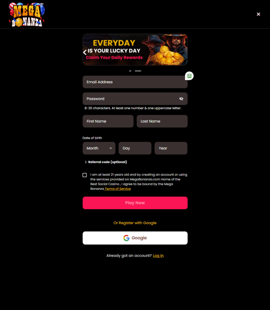 sign up mega bonanza form