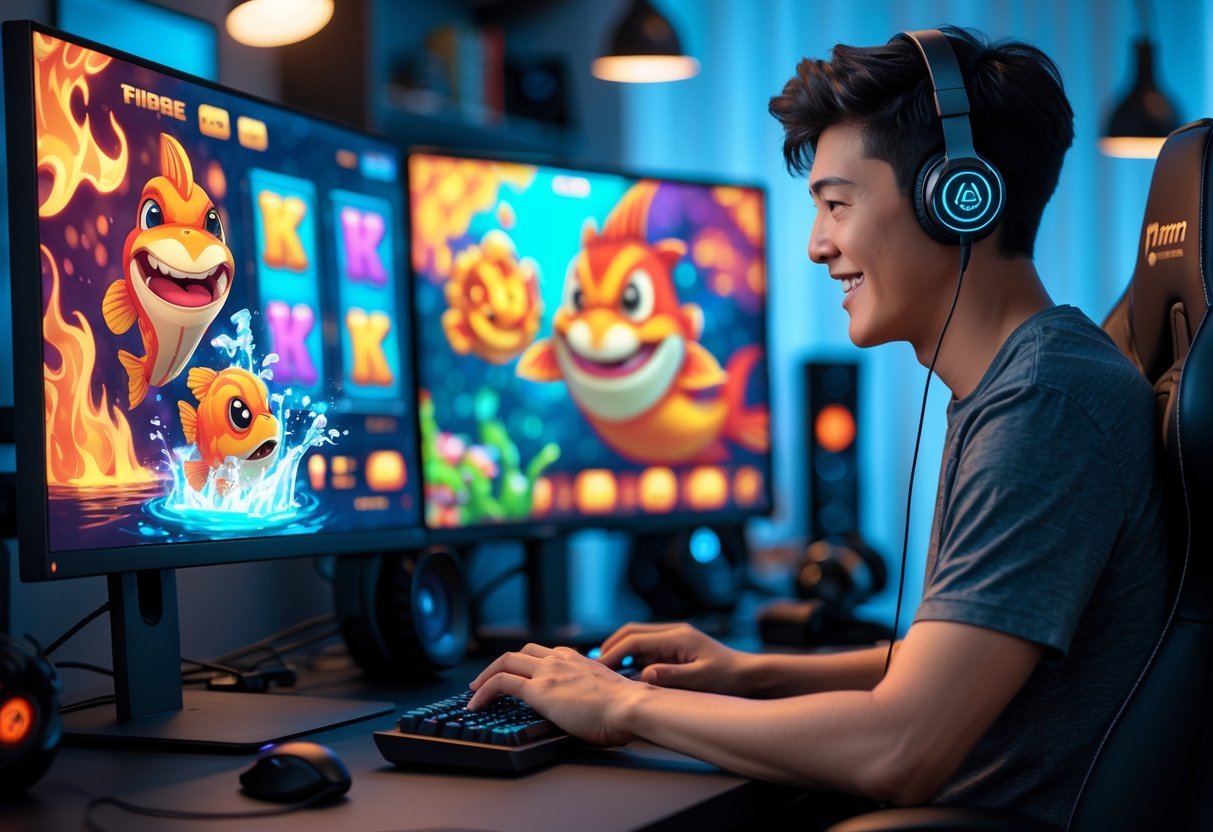 A young adult playing an underwater-themed online game on a multi-monitor computer setup in a modern gaming room.