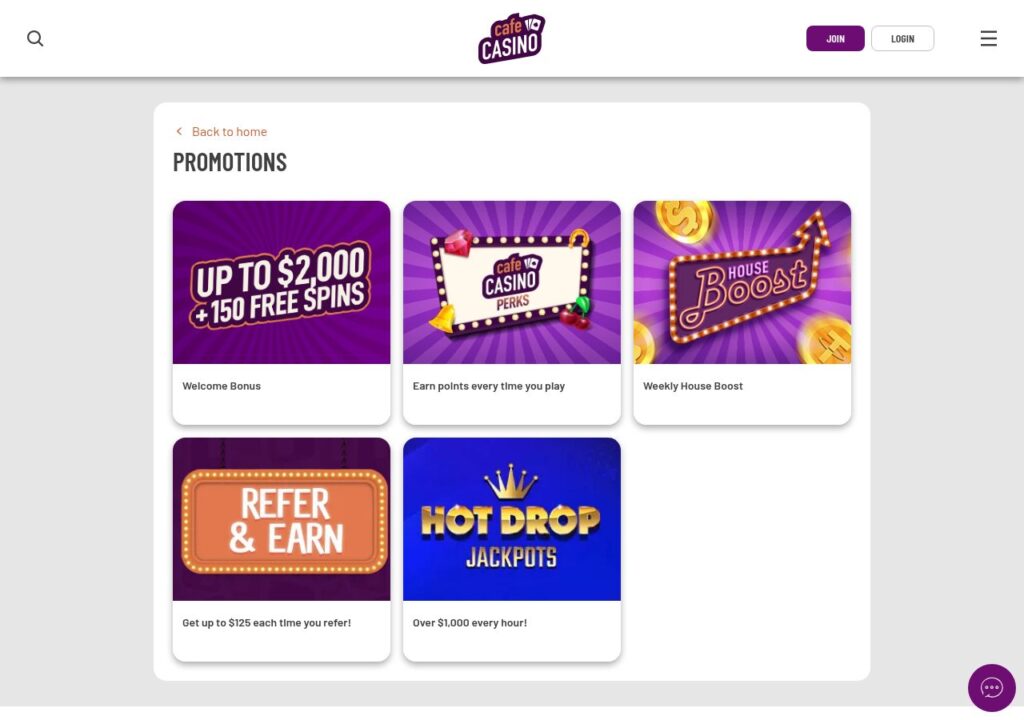 Cafe Casino bonuses and promotions page