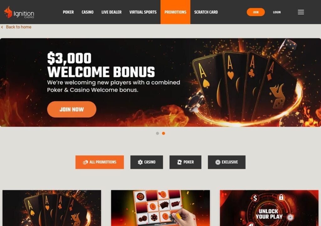 Ignition Casino bonuses and promotions page