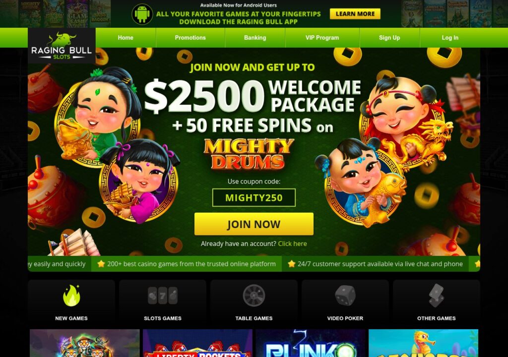 Raging Bull Slots online casino homepage