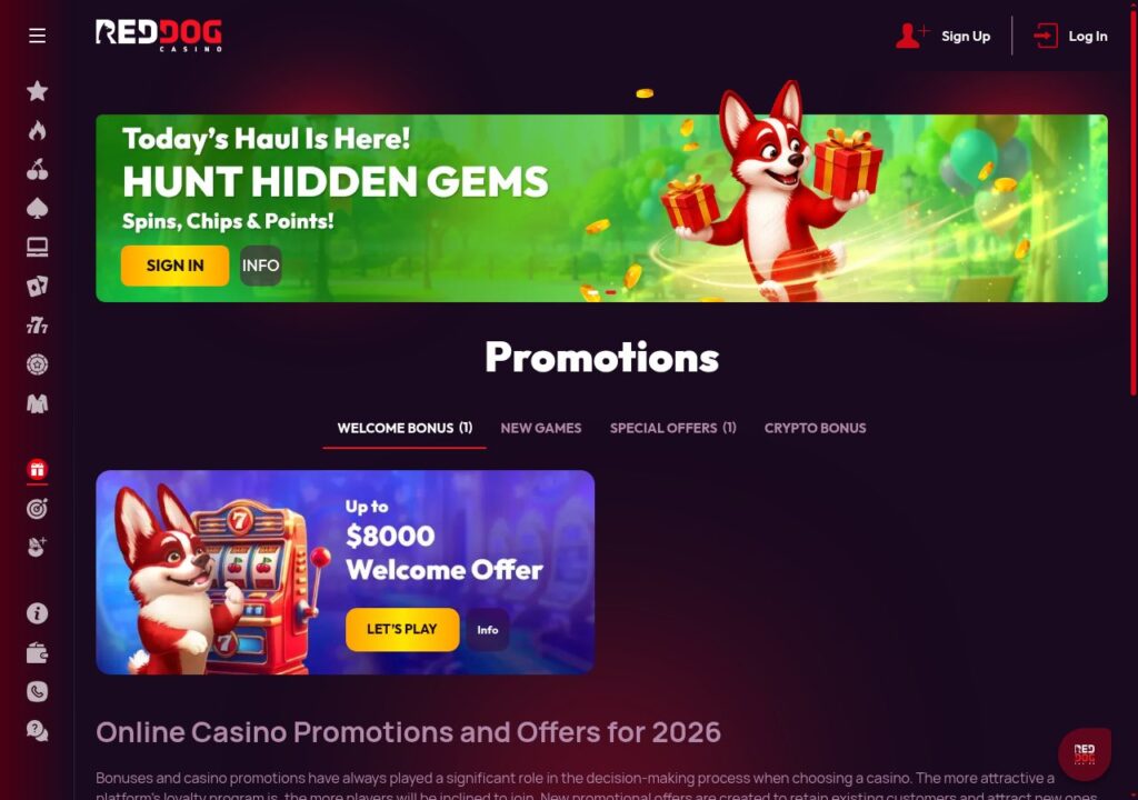Red Dog Casino bonuses and promotions page