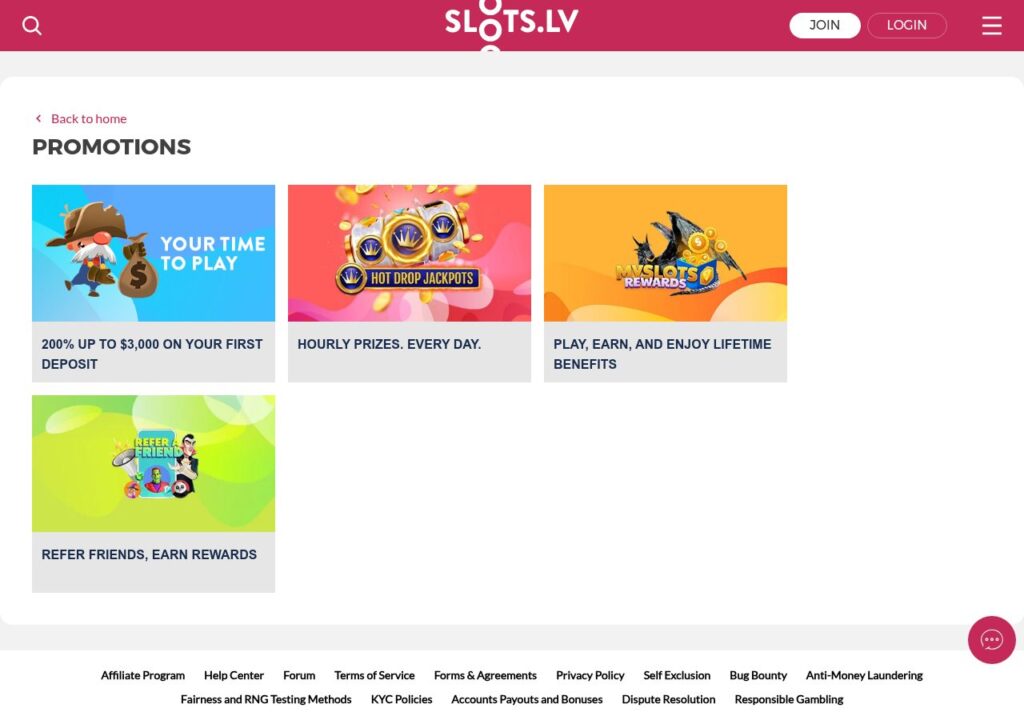 Slots.lv bonuses and promotions page