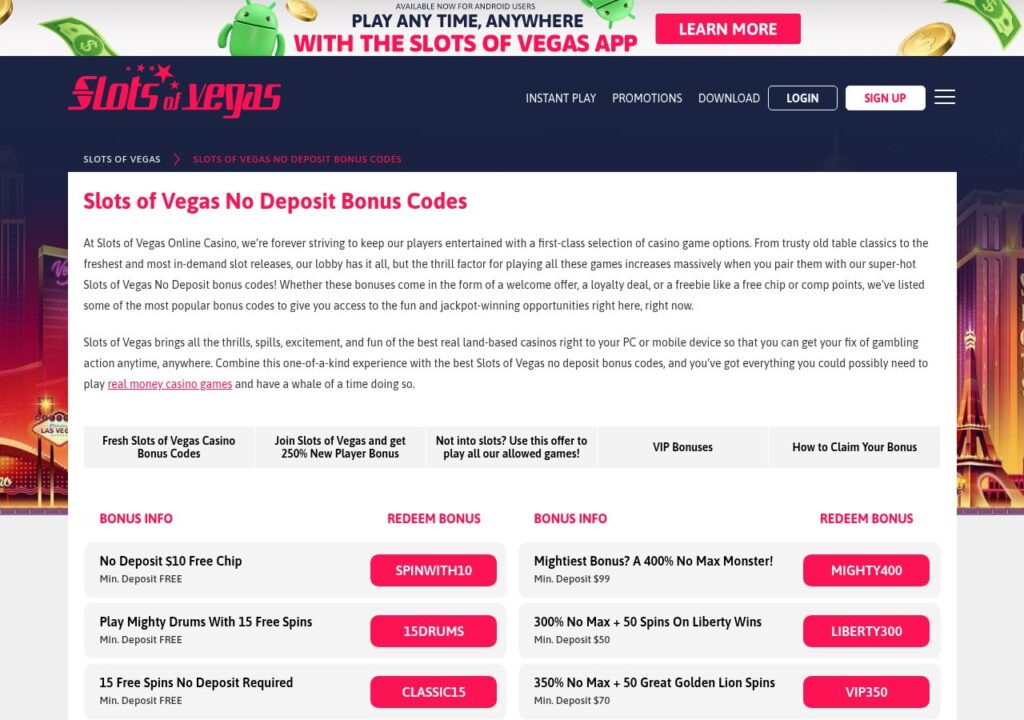 Slots of Vegas bonuses and promotions page