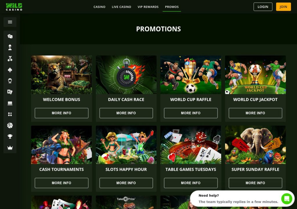 Wild Casino bonuses and promotions page